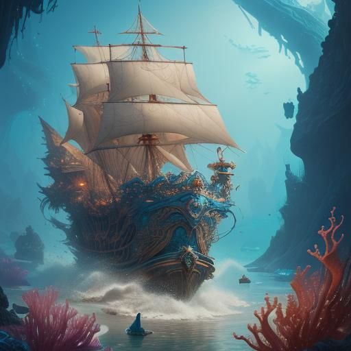 Ariel Rides Seahorse Chariot Underwater: Fantasy Art