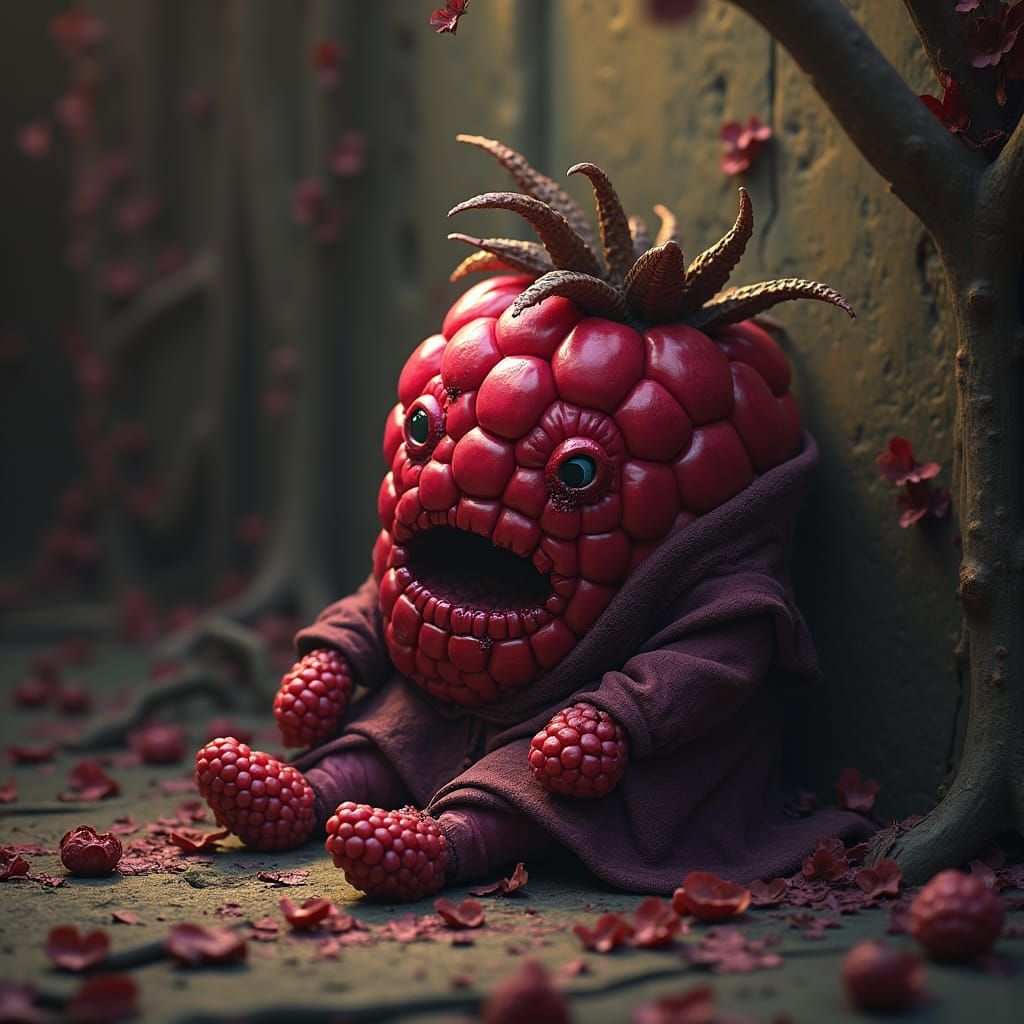 Sad Raspberry Searches for Remote in Dark Fantasy Art
