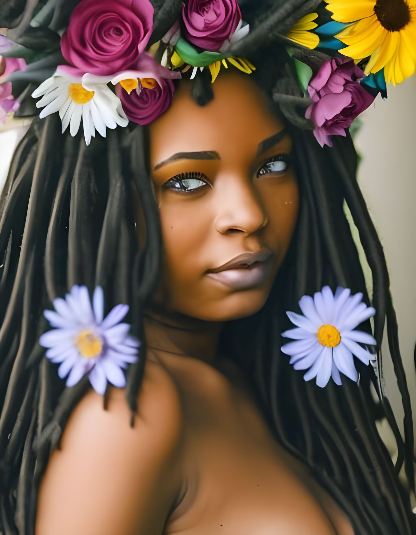 A beautiful black woman with flowers in her dreadlocks