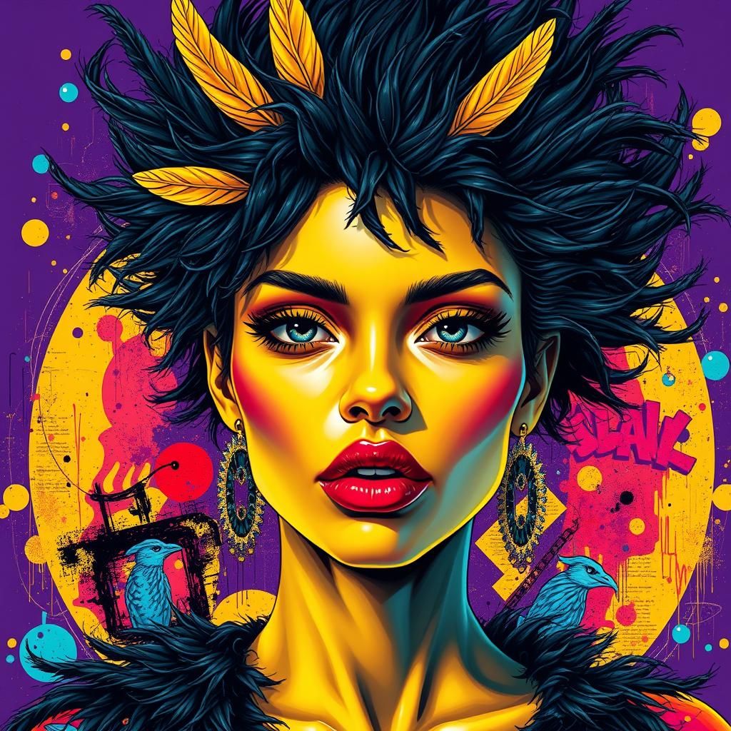 Woman with Yellow Skin and Feathered Hair, Digital Art