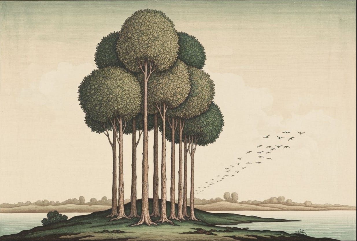 Serene Landscape with Slender Trees and Distant Birds