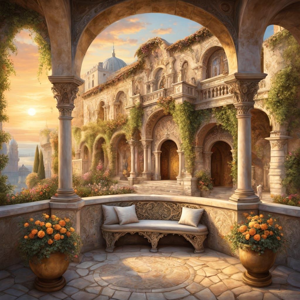 Elegant Baroque Courtyard Scene with Warm Mediterranean Ligh...