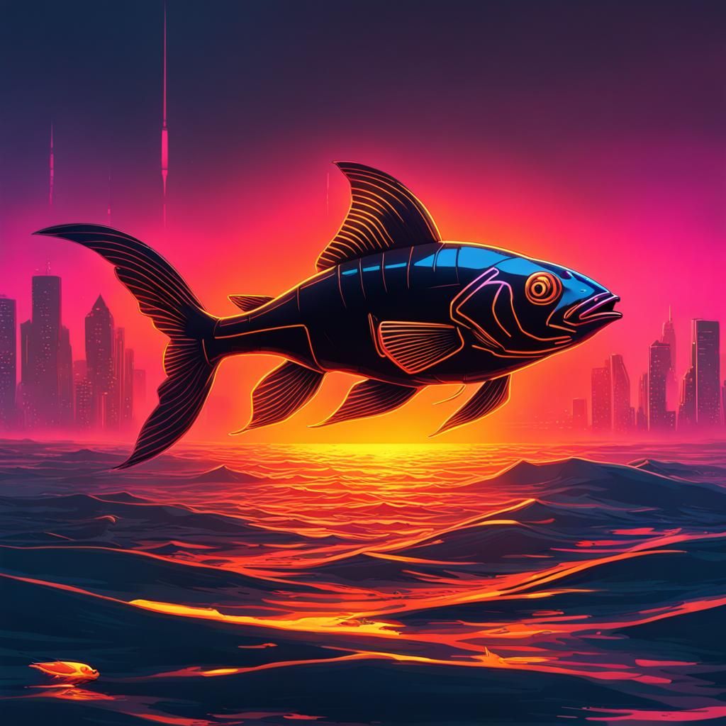Goldfish in Cyberpunk Sunset Sea