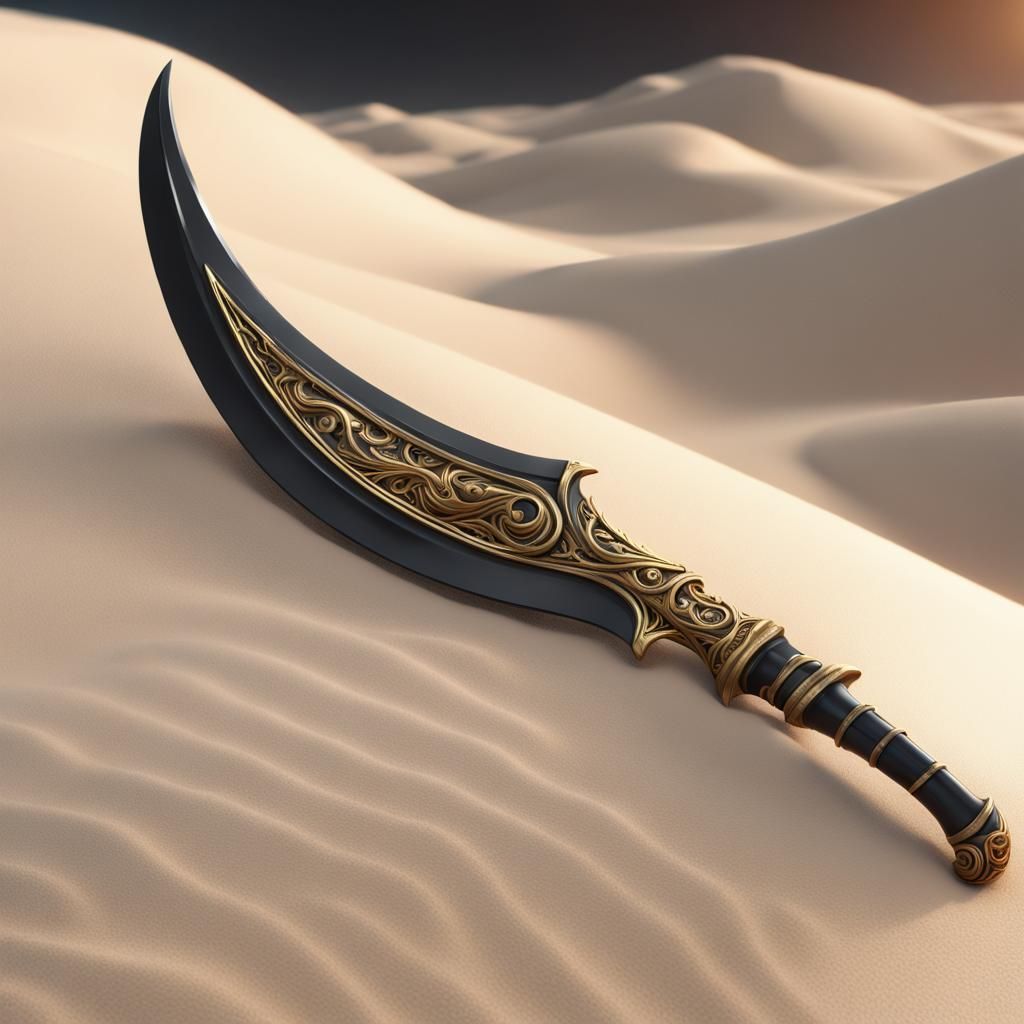 Black and Gold Sickle on White Sand
