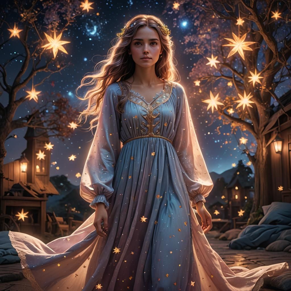 Girl with Rainbow Hair Under Starry Night Sky