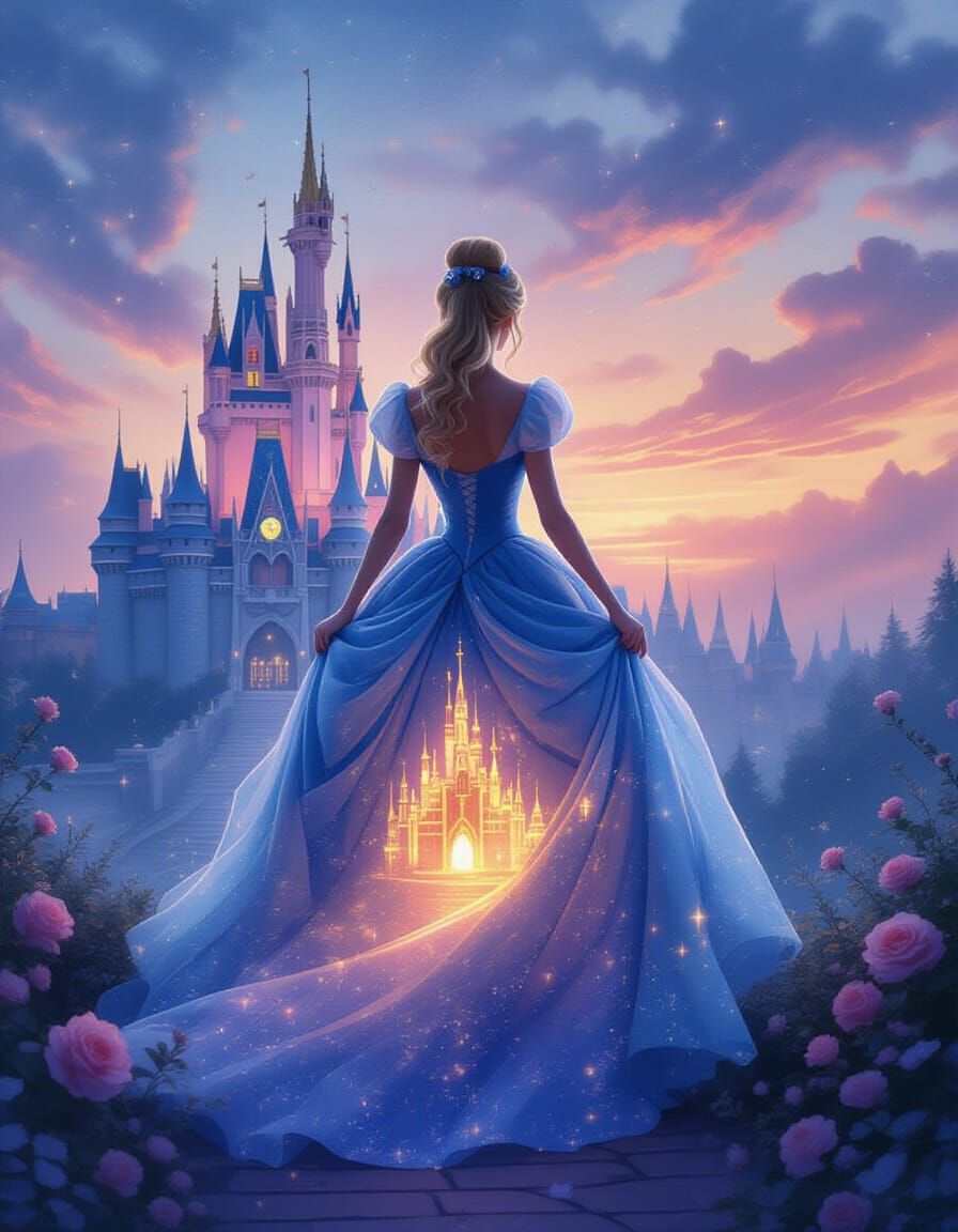 Cinderella Double Exposure with Glowing Castle in Twilight