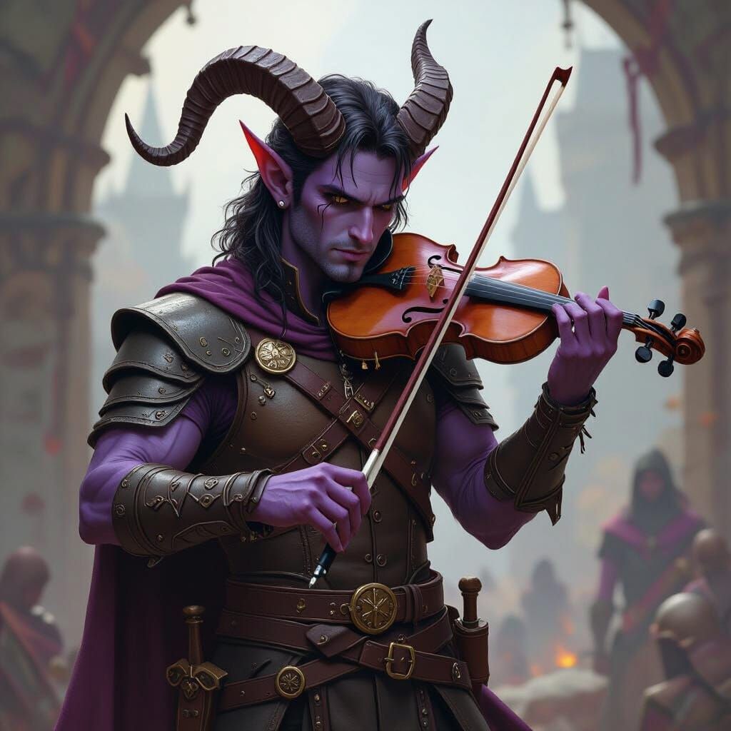 Tiefling Violinist in Battlefield, Fantasy Concept Art