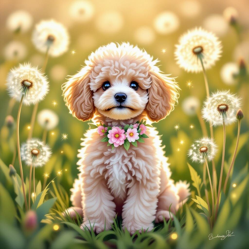 Iridescent Poodle Puppy in Dandelion Field, Fantasy Art