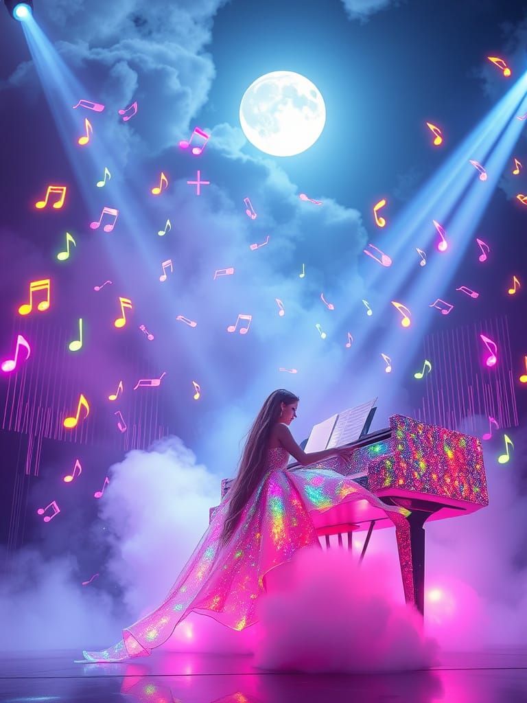 Neon Pianist Amidst Rainbow Keys, Hyperrealistic Style
