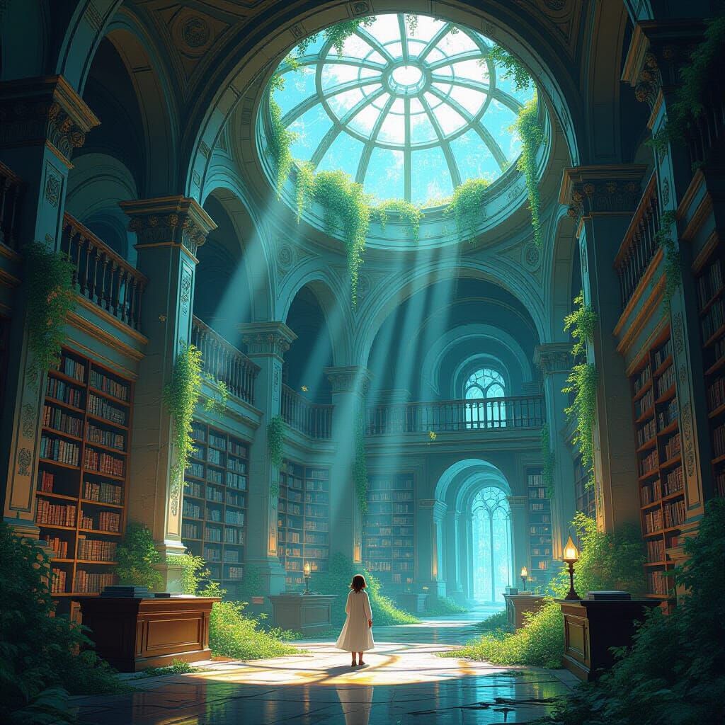 Ancient Library Reimagined with Crystal Structures and Flora