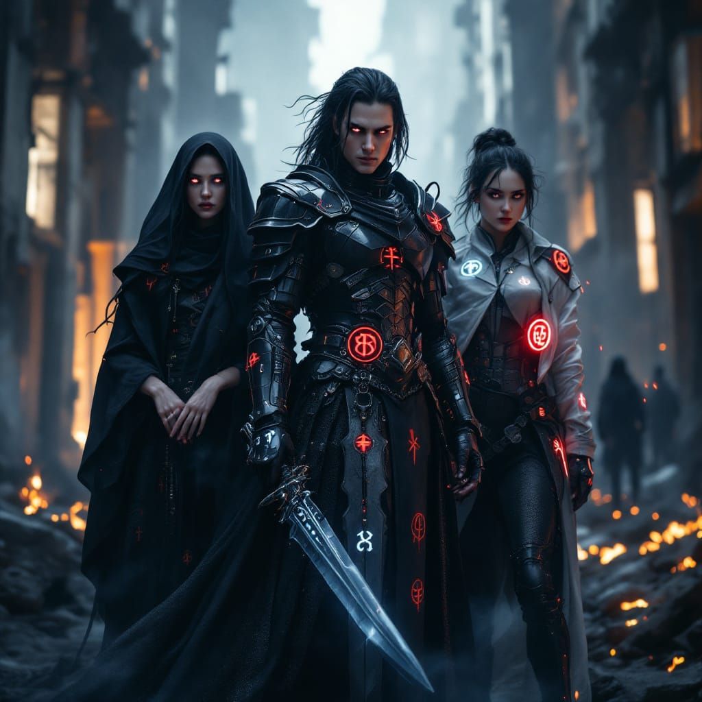 The Triune Veil in Cyberpunk Ruined Cityscape