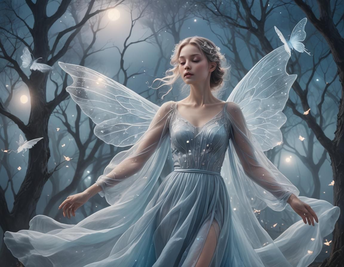 Ethereal Surrealism: Transparent Figure in Moonlit Mist