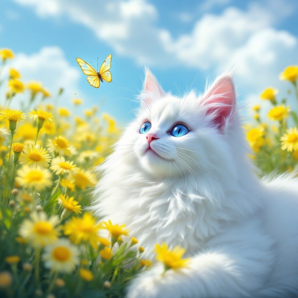 hyperreal fluffy white cat with blue eyes laying in a field ...