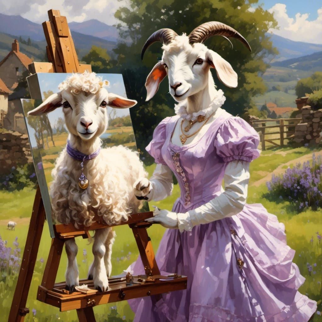 Anthropomorphic Goat Artist Paints a Lamb