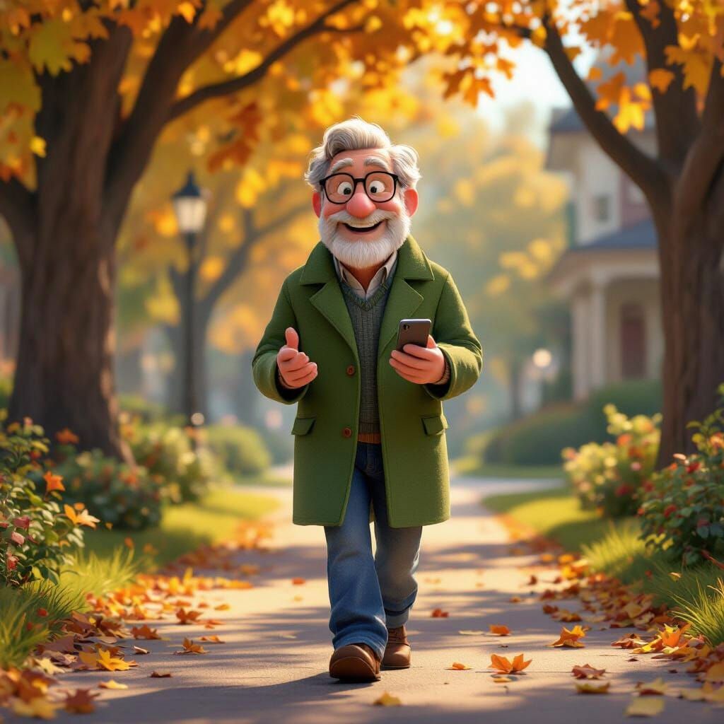 Joyful 60-Year-Old Man in Green Coat Walking in Oak Park