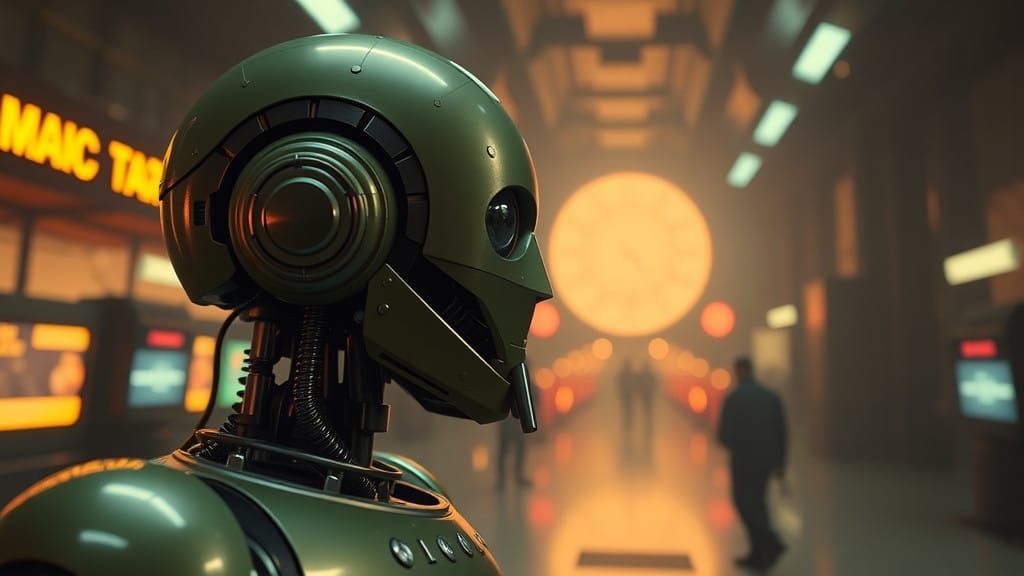 A 1970s Robot Contemplates in a Gritty Dystopian Landscape,....