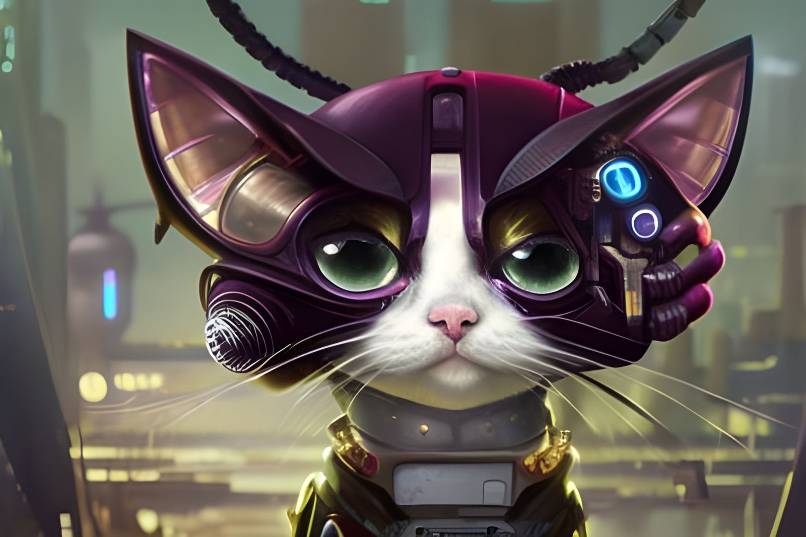 Chibi Cyberpunk Cat Portrait in Detailed Digital Painting