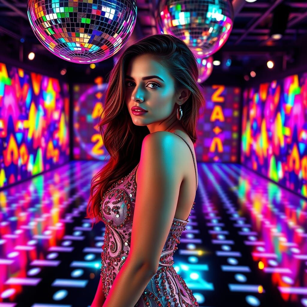 Glamorous Disco Goddess in a Kaleidoscope of Colors