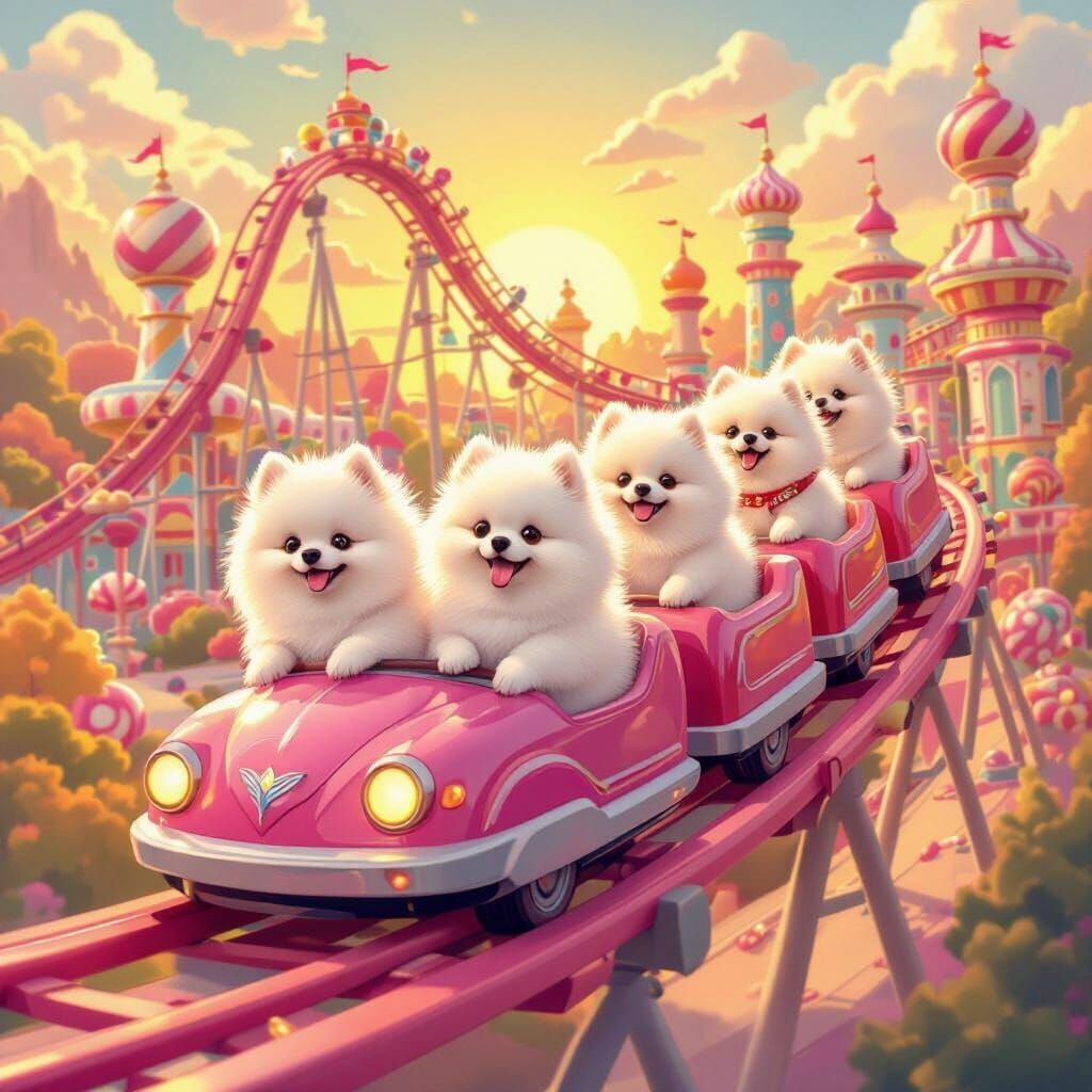 Pomeranians Ride Pink Roller Coasters in Candy Land Park