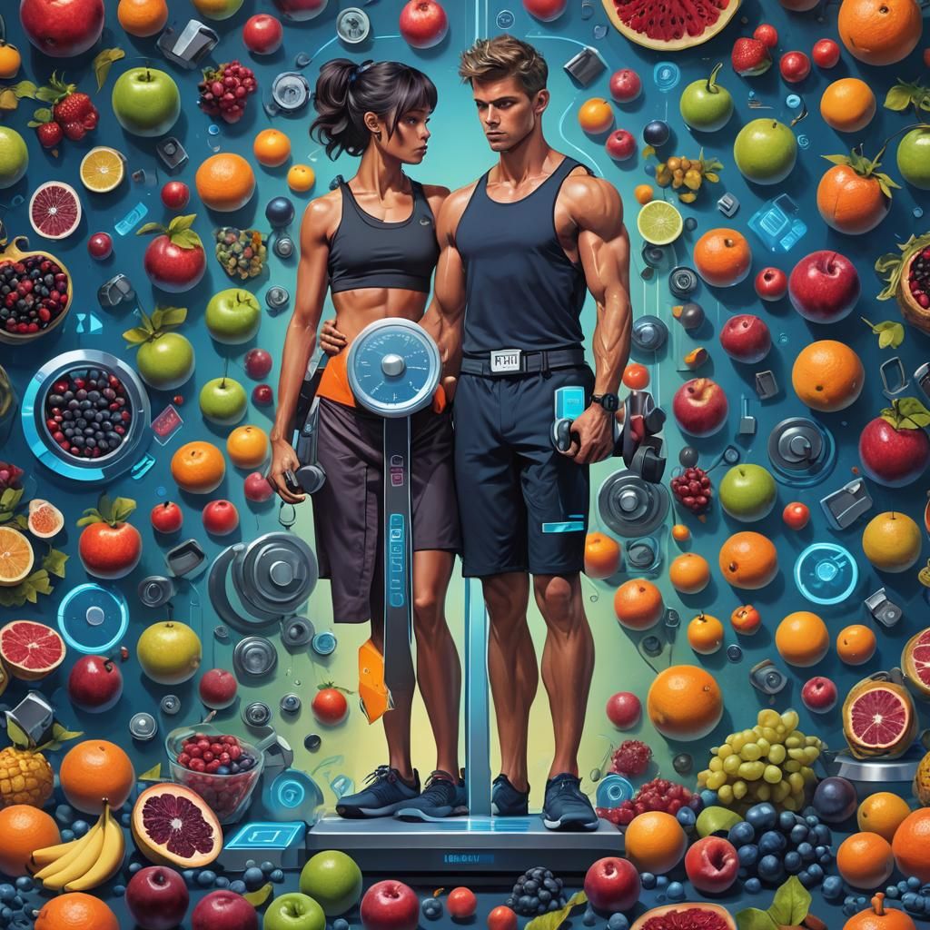 Futuristic Weight Scale with Fruits and Weights