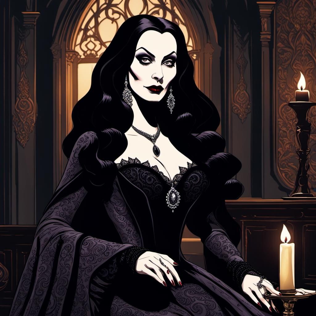 Gothic Pin-Up: Morticia Addams in Ornate Setting
