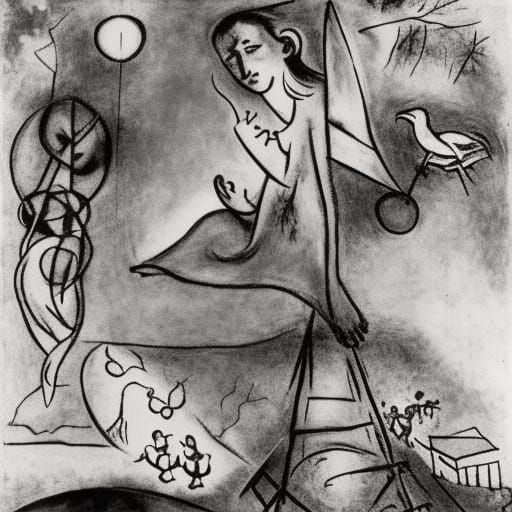 Surreal Figure Ascending Over Woodland, in Cubist Style