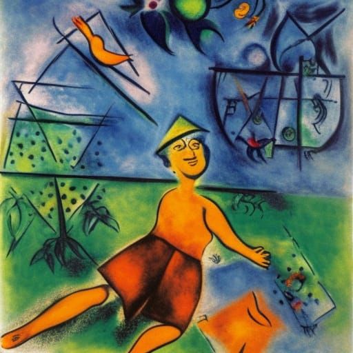 Heavenly Figure Over Woodland: Cubist Surrealist Art
