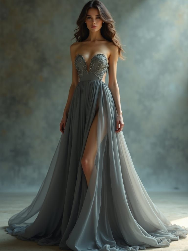 Glamorous Portrait of Elegant Woman in Flowing Gown