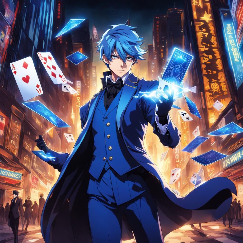 Anime Style Magician Throwing Aces in Cyberpunk City