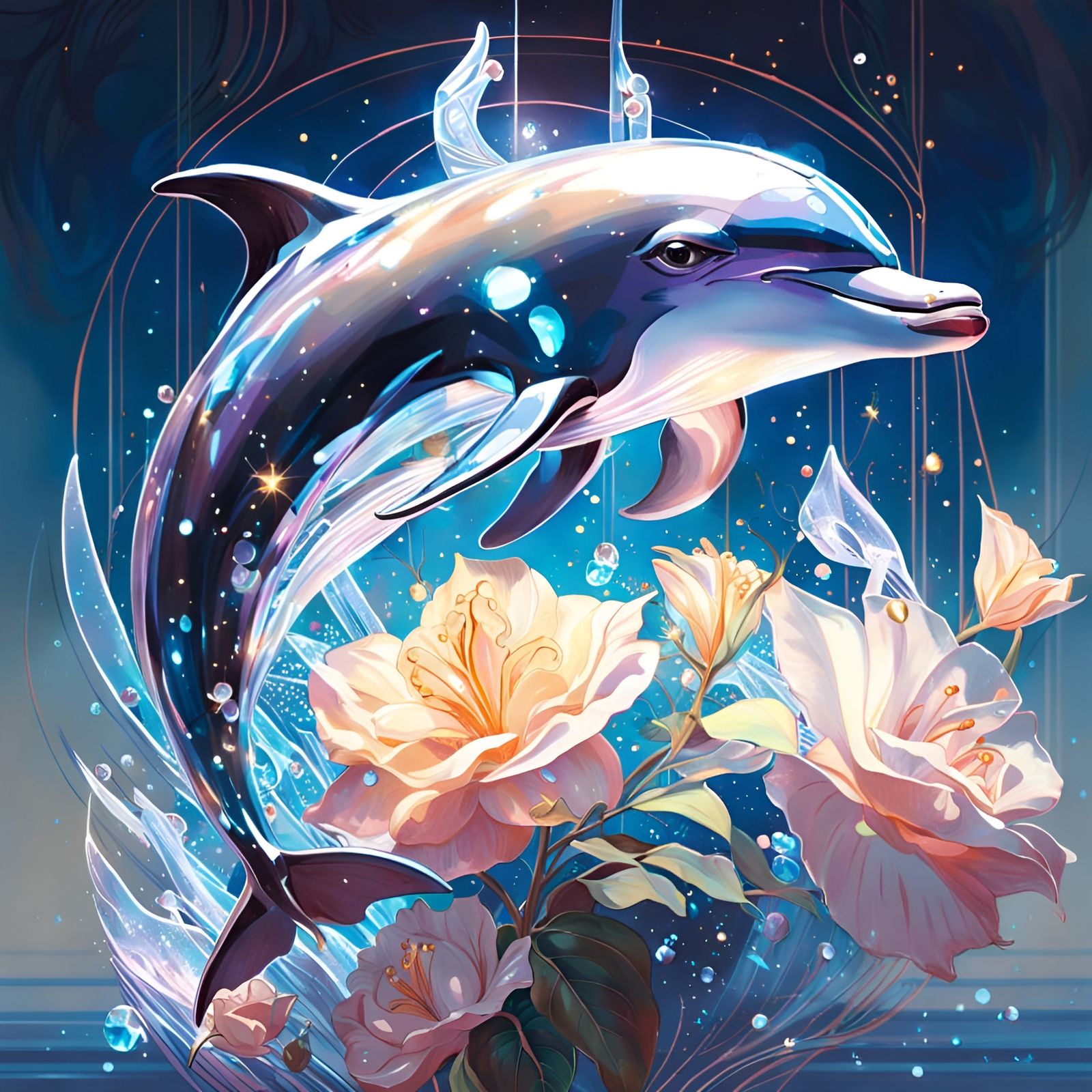 Celestial Crystal Dolphin Art Nouveau Illustration