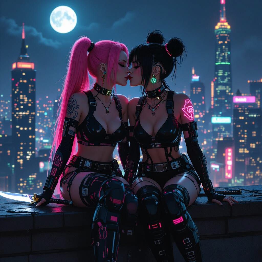 Cyberpunk Women Embrace on Rooftop at Night