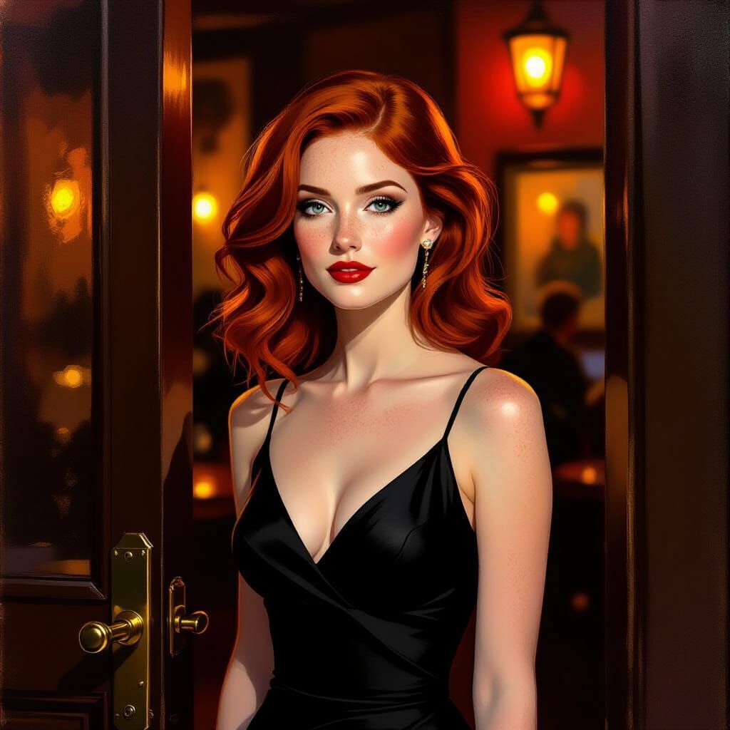 Red-Haired Woman in Jazz Bar: An Impressionist Portrait