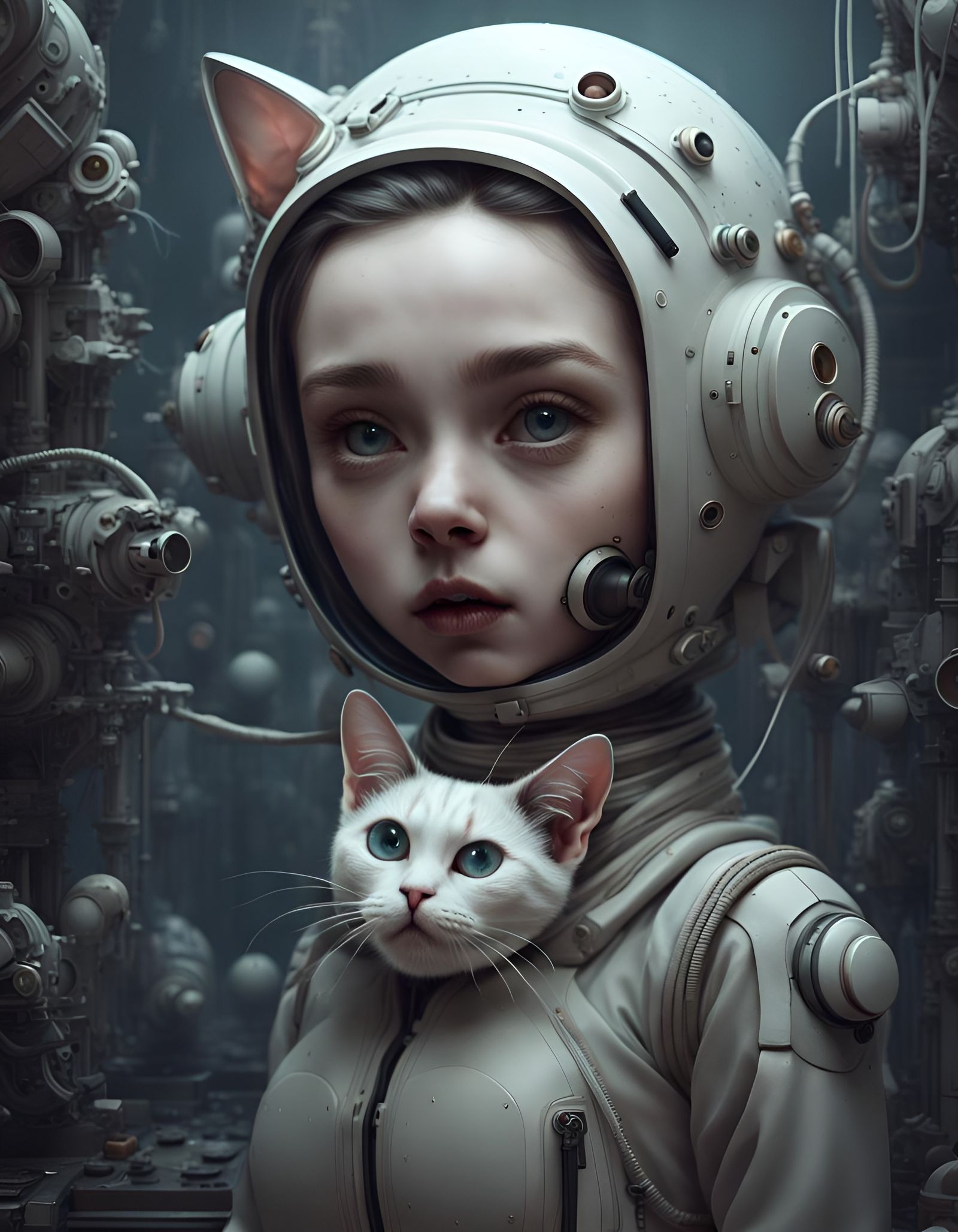 Astronaut Girl with Cat Face in Dark Ruins