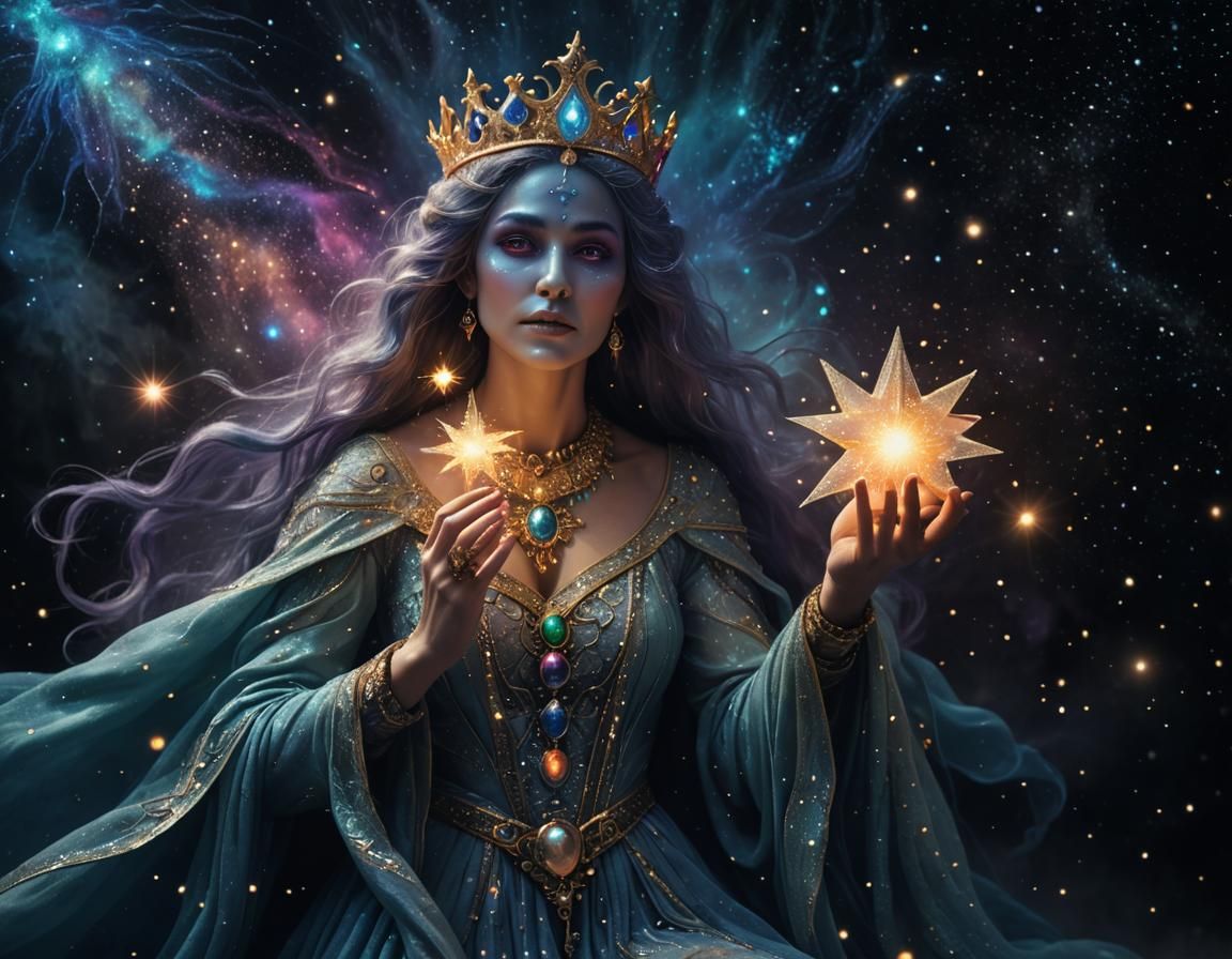 Djinn Queen with Star Creatures in Mystical Dust