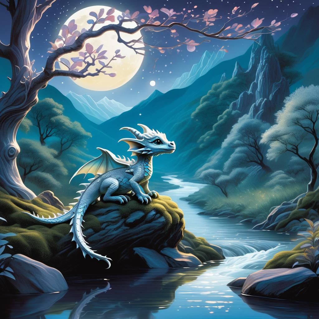 Baby Silver Dragon in Moonlight: Fantasy Illustration