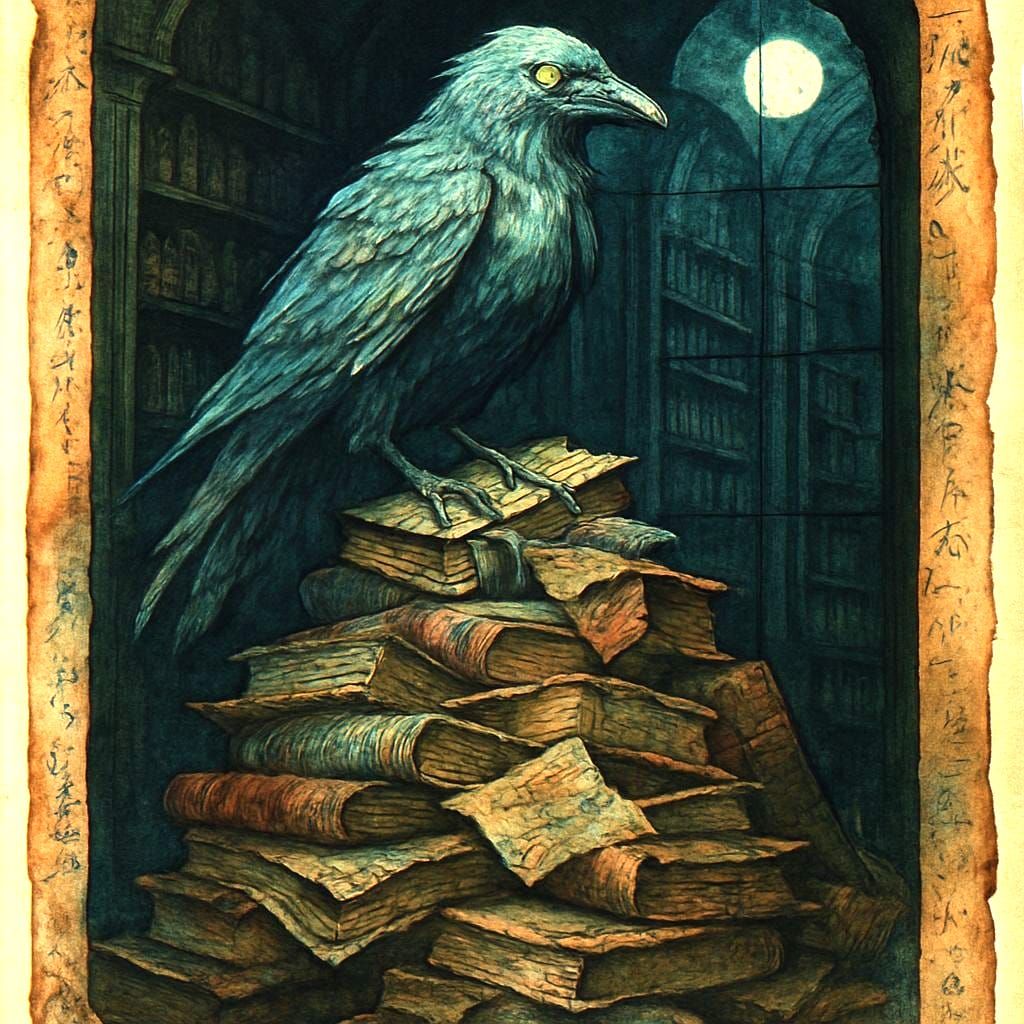 Spectral Raven Librarian in Haunted Library, Golden Age Illu...