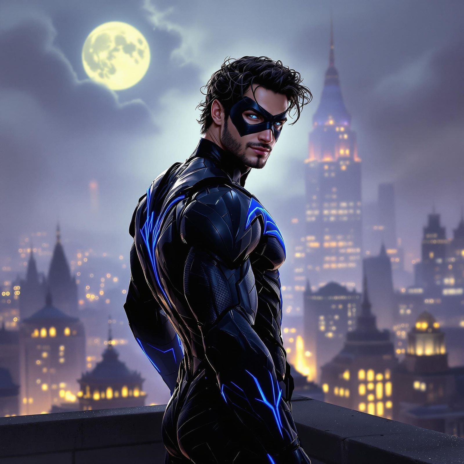 Dark Fantasy Athlete in Nightwing Costume Under Moonlight