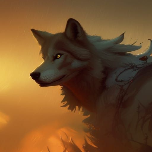 Man and Wolf Embrace: Dynamic Lighting Concept Art