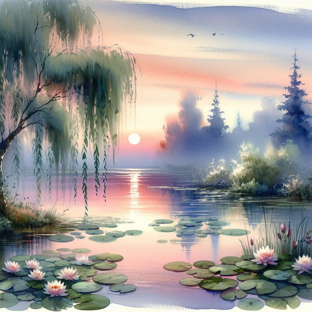 Tranquil Sunset Pond in Watercolour Style