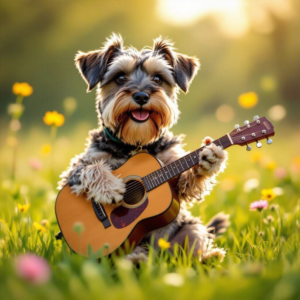 Brown Miniature Schnauzer Plays Guitar in Sunny Meadow