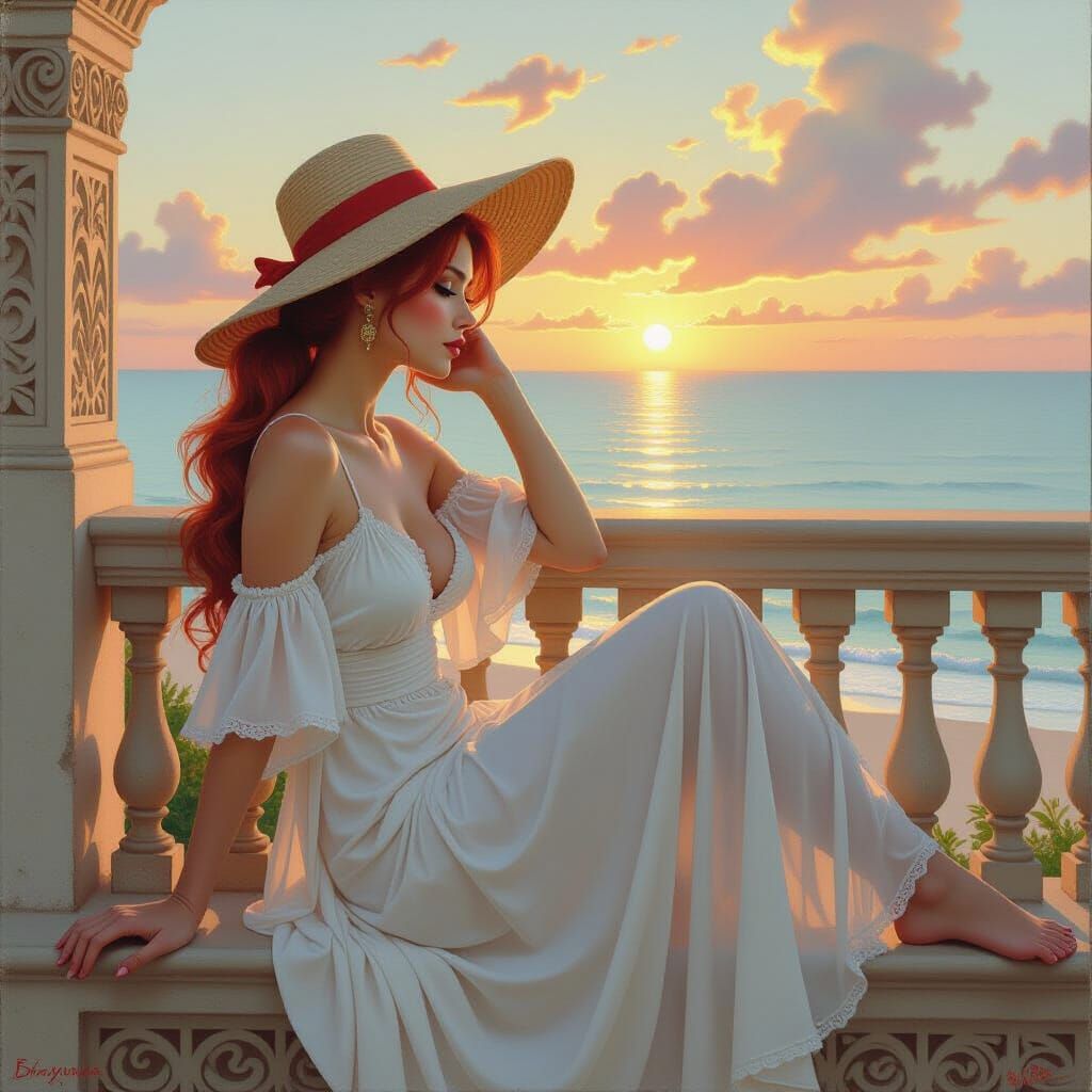 Elf Lounging on Balcony in Fantasy Oil Painting Style