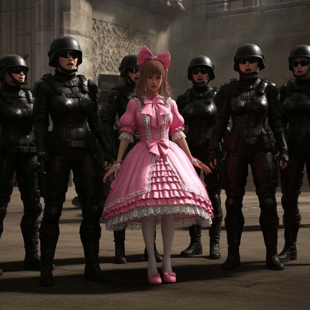 Female Soldiers Confront Figure in Pink Dress, 3D Render