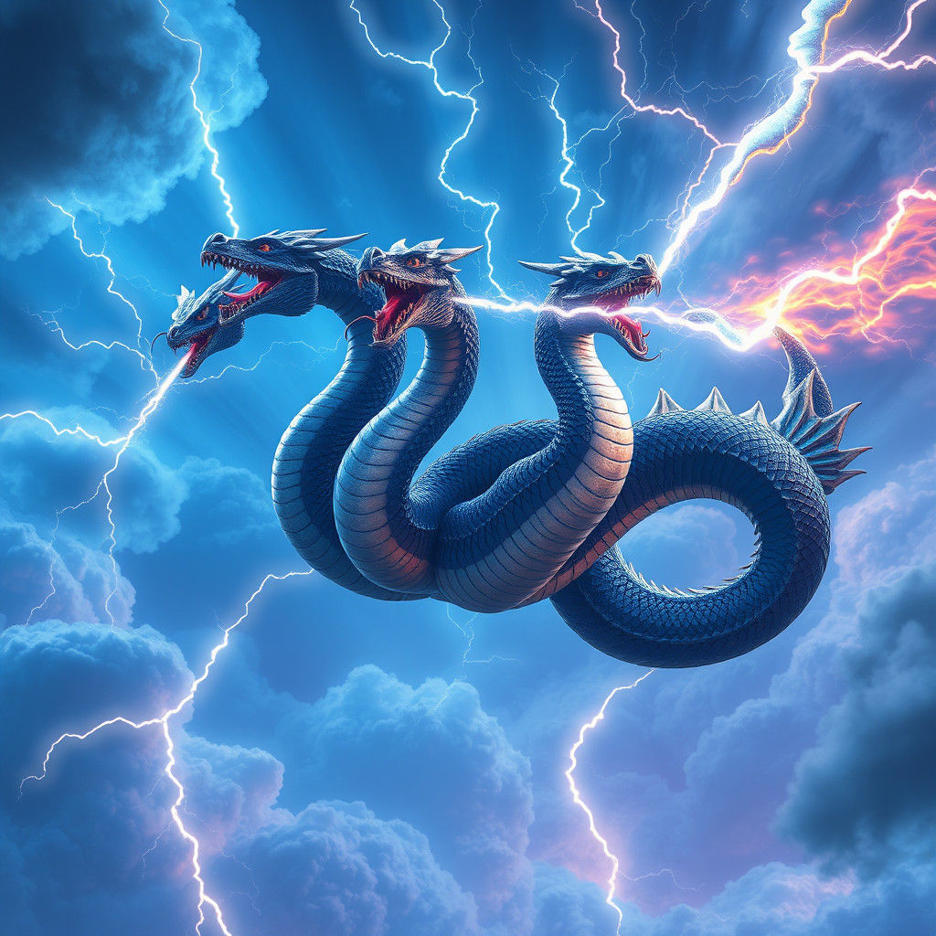 Triple-Headed Wyvern Spewing Lightning, Fantasy Concept Art
