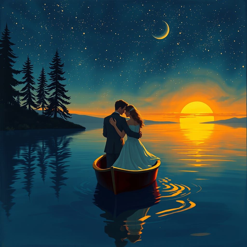 Romantic Couple on Boat Under Starry Sky: Art Nouveau Style