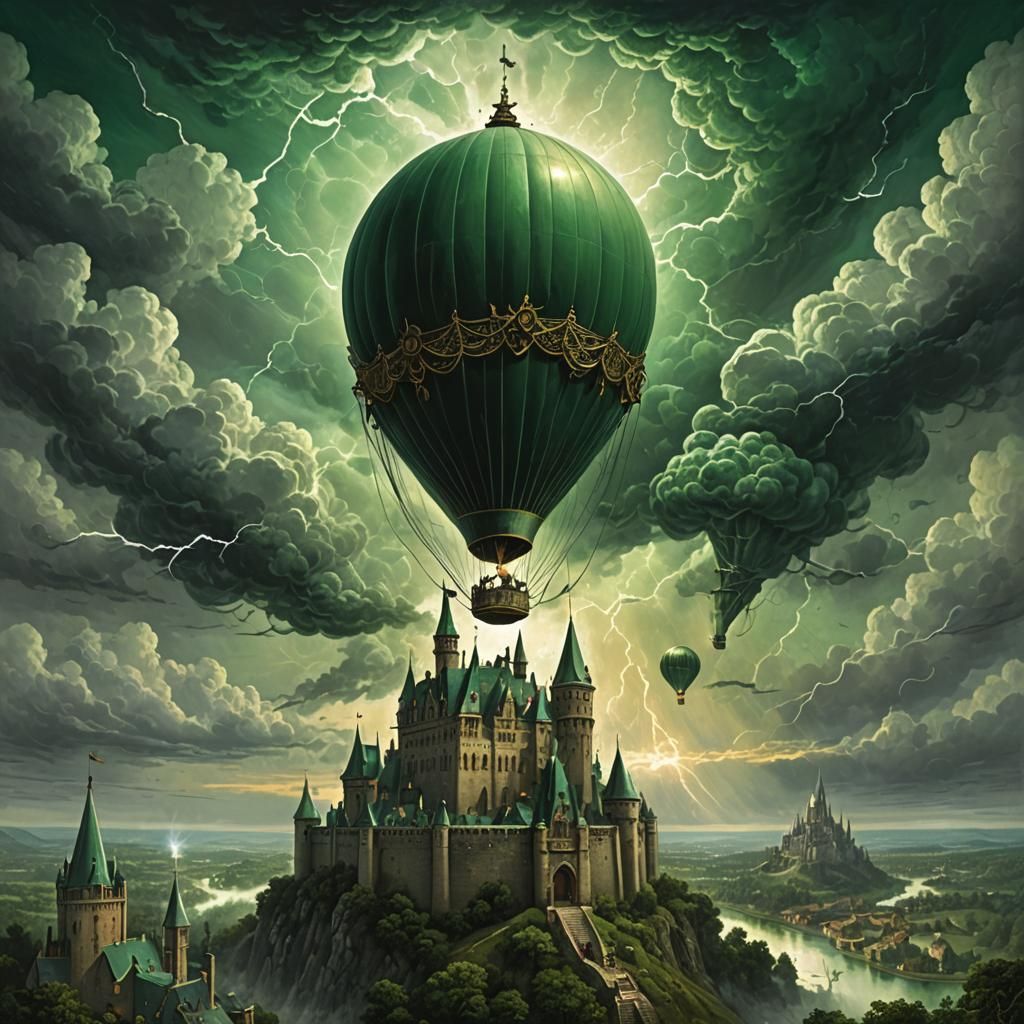 Hot air balloon being blown to an emerald castle, clouds, li...