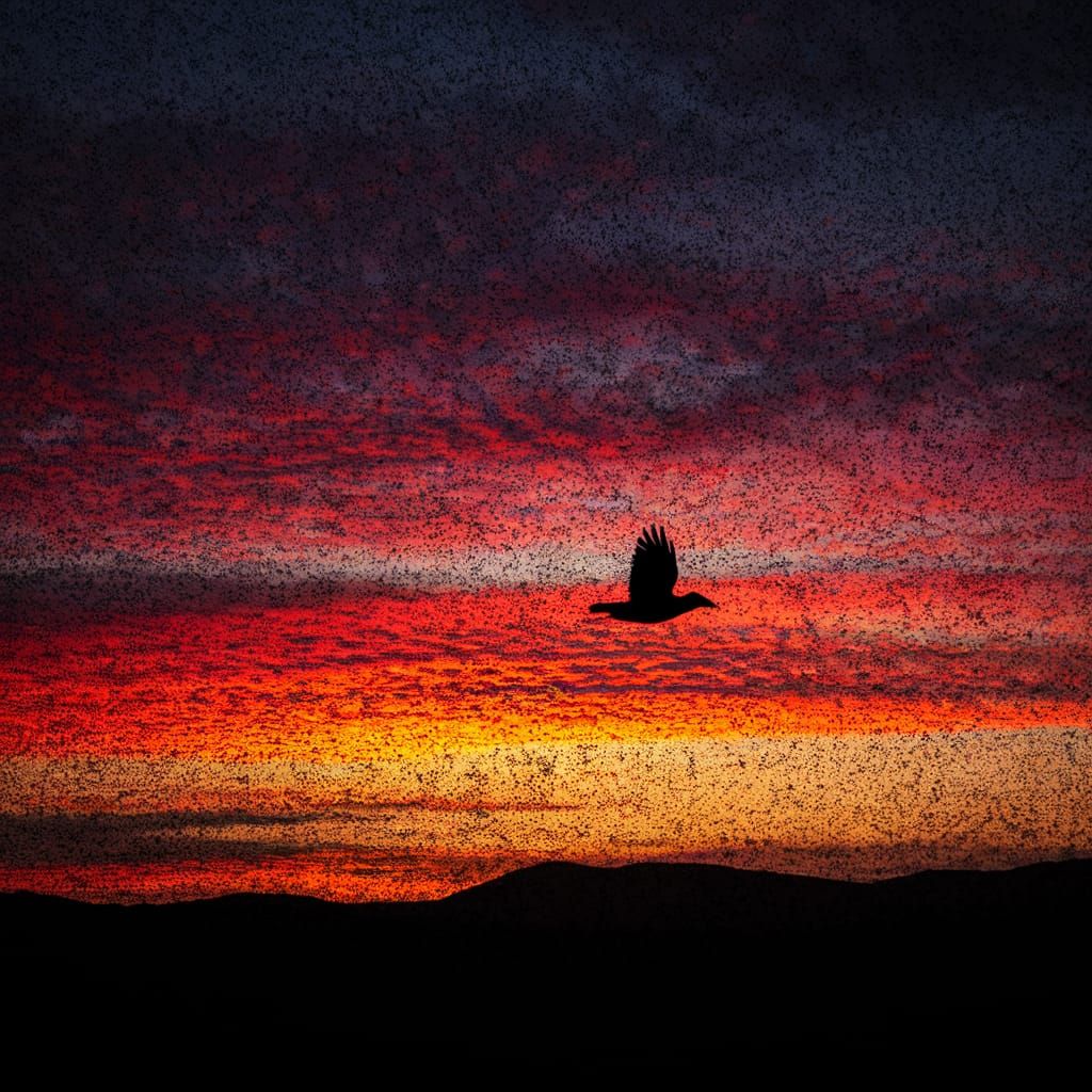 Majestic Raven Soars Across Vibrant Sunset Landscape