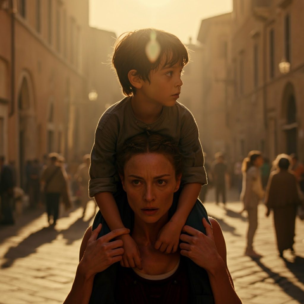 Boy Rides Shoulders of Italian Woman in Sunlit Piazza