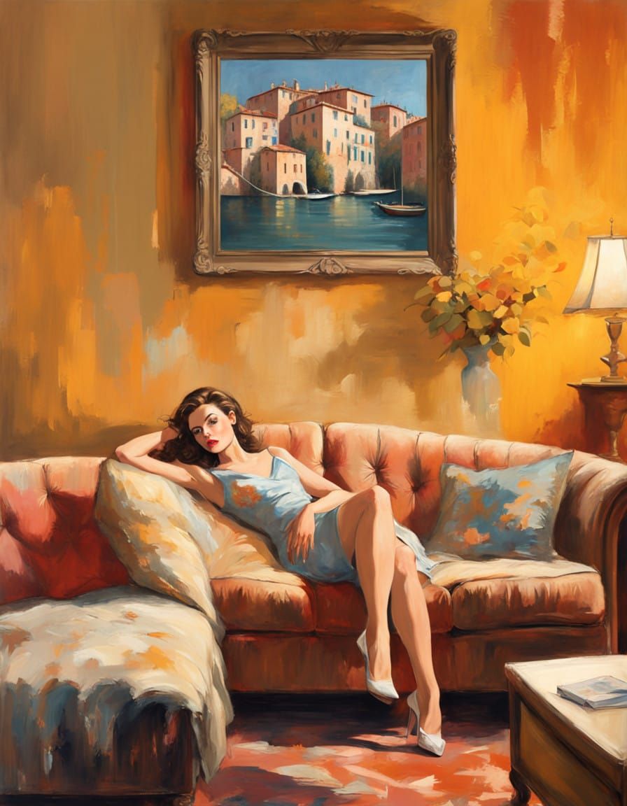 Elegant Woman in Italian-Inspired Living Room