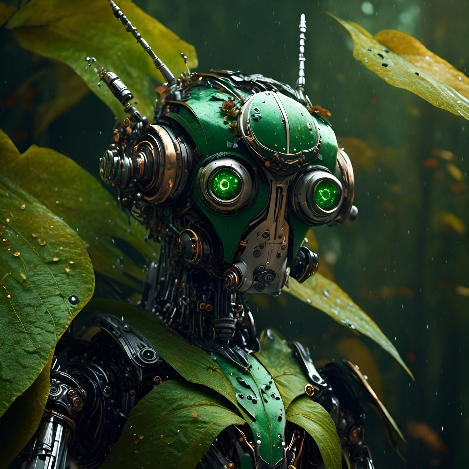 Close-up Robot Portrait with Leaf Stalks