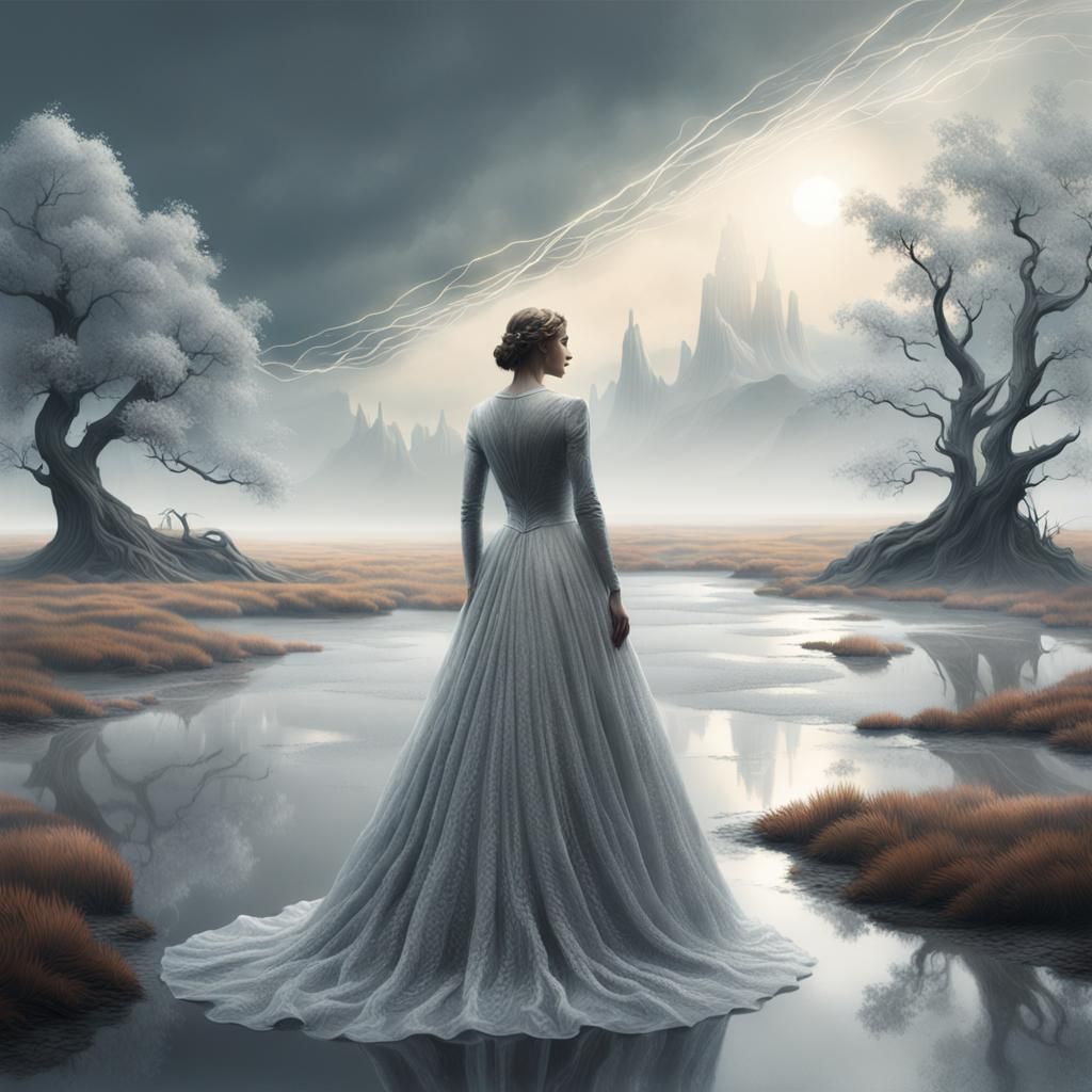 Liquid Silver Wedding Dress in Dreamlike Landscape